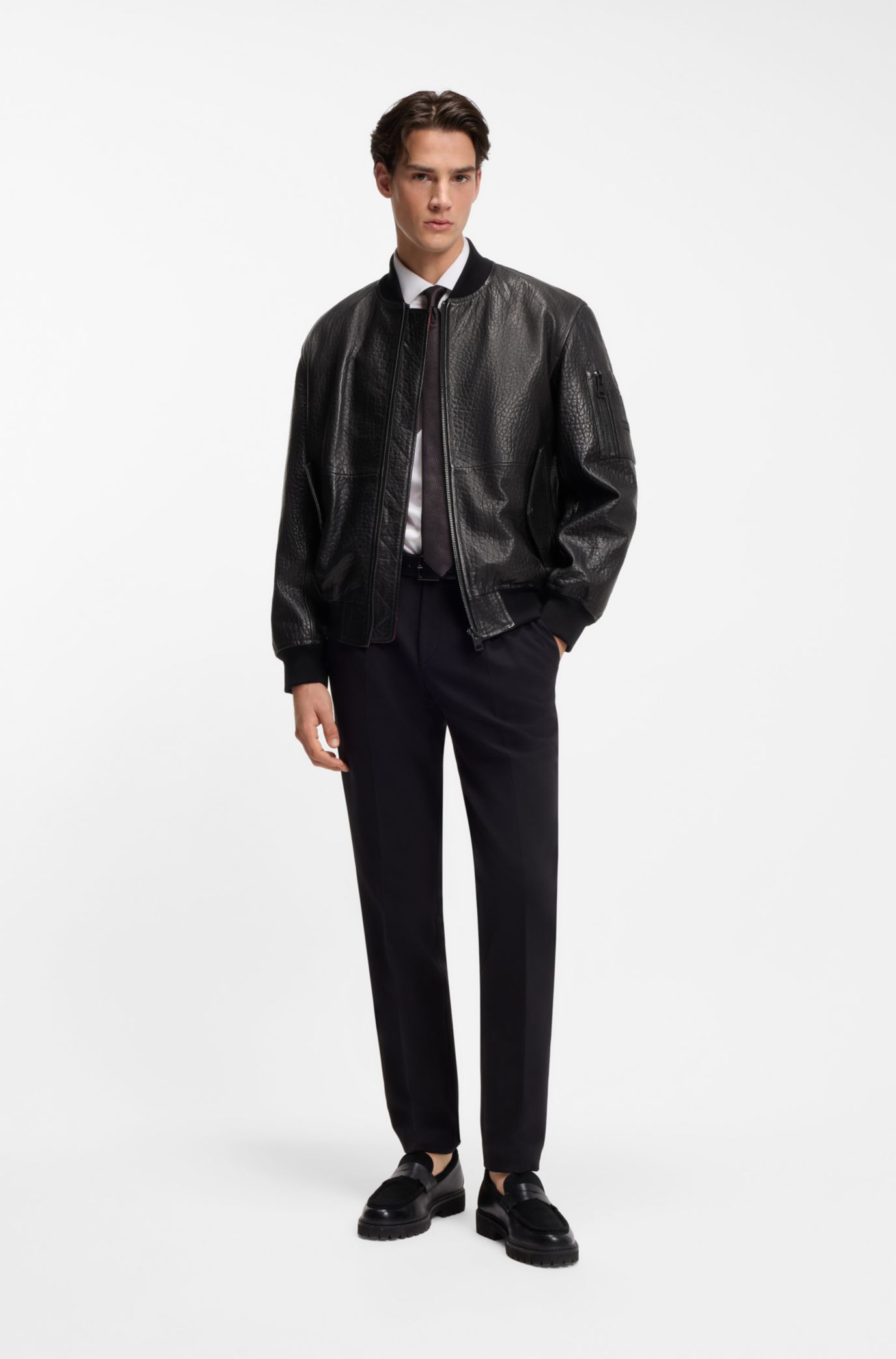 (HUGO BOSS)スリムフィット ボンバージャケットレザー(定価11.8万) HUGO - レギュラーフィット ボンバージャケット パターンレザー - ブラック