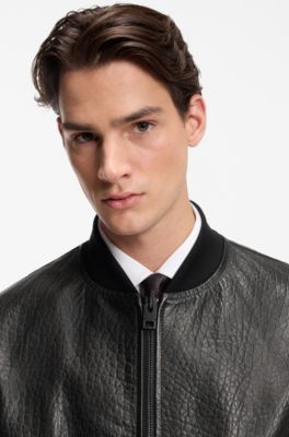 Regular-fit bomber jacket in patterned leather, Black