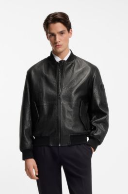 Regular-fit bomberjack van leer met dessin, Zwart