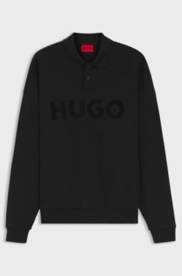 Interlock-cotton polo sweatshirt with tonal logo, Black