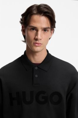 Interlock-cotton polo sweatshirt with tonal logo, Black