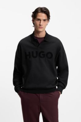 Interlock-cotton polo sweatshirt with tonal logo, Black