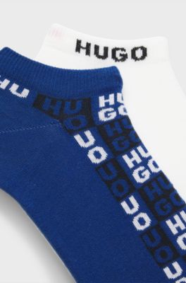 Lot de deux paires de chaussettes hauteur cheville &agrave; logo intarsia, Blanc / Bleu fonc&eacute;