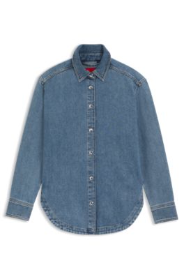 Blue rigid-denim shirt with polished snaps, Blue