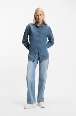 Blue rigid-denim shirt with polished snaps, Blue