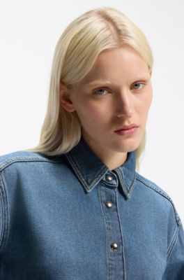 Camicia in denim rigido blu con bottoni a pressione eleganti, Blu