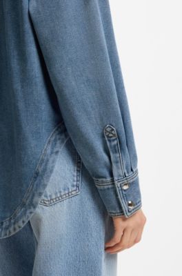 Blue rigid-denim shirt with polished snaps, Blue