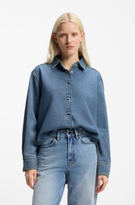 Blue rigid-denim shirt with polished snaps, Blue