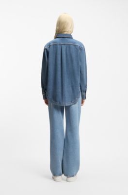 Camicia in denim rigido blu con bottoni a pressione eleganti, Blu