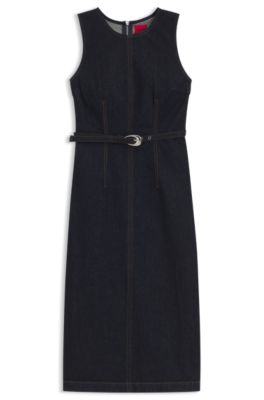 Belted bodycon dress in comfort-stretch denim, Dark Blue