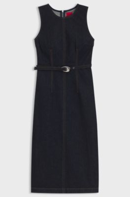 Belted bodycon dress in comfort-stretch denim, Dark Blue