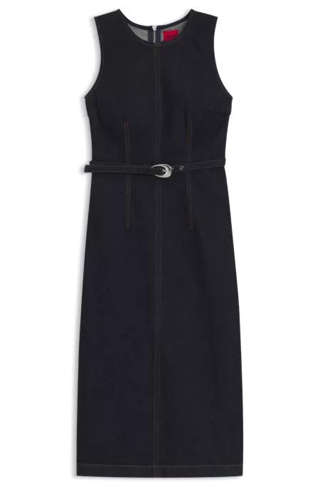 Belted bodycon dress in comfort-stretch denim