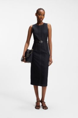 Belted bodycon dress in comfort-stretch denim, Dark Blue
