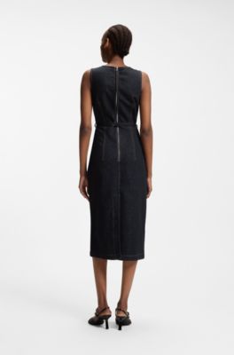 Belted bodycon dress in comfort-stretch denim, Dark Blue
