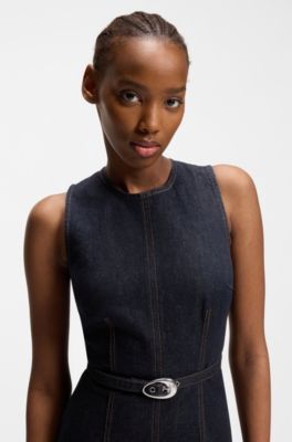 Belted bodycon dress in comfort-stretch denim, Dark Blue