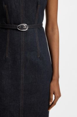 Belted bodycon dress in comfort-stretch denim, Dark Blue