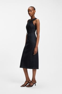 Belted bodycon dress in comfort-stretch denim, Dark Blue