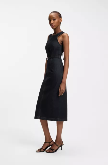 Belted bodycon dress in comfort-stretch denim