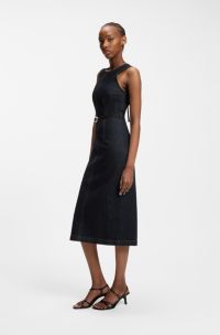 Belted bodycon dress in comfort-stretch denim, Dark Blue