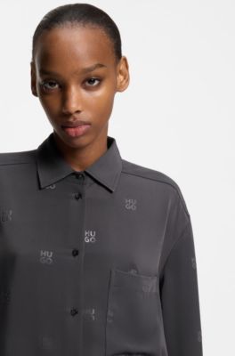 Oversized-fit blouse with stacked logos, Dark Grey