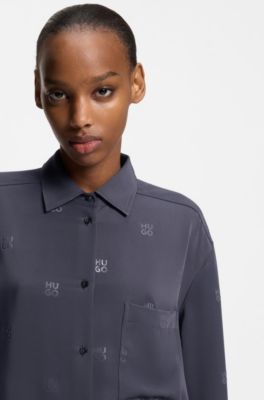 Oversized-fit blouse with stacked logos, Patterned
