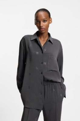 Oversized-fit blouse with stacked logos, Dark Grey