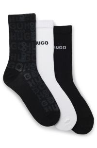 Three-pack of cotton-blend short socks with logos, White / Black