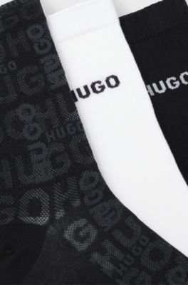 Three-pack of cotton-blend short socks with logos, White / Black