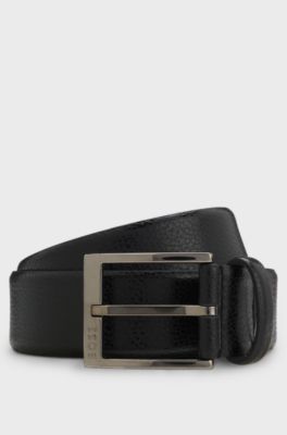 Grained Italian-leather belt with polished pin buckle, Black