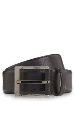 Grained Italian-leather belt with polished pin buckle, Dark Brown