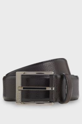 Grained Italian-leather belt with polished pin buckle, Dark Brown