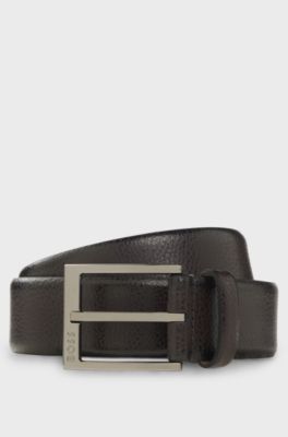 Pin-buckle business belt in grained Italian leather, Dark Brown