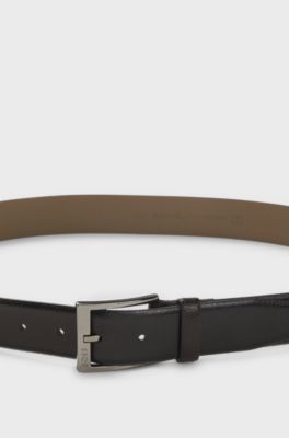 Grained Italian-leather belt with polished pin buckle, Dark Brown