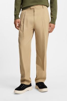 Pantalones de pernera recta en algod&oacute;n con tacto de papel, Beige