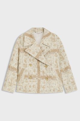Double-breasted coat with check jacquard, Beige Patterned