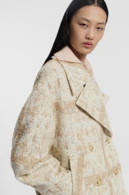 Double-breasted coat with check jacquard, Beige Patterned