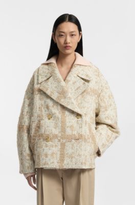 Zweireihiger Mantel aus kariertem Jacquard, Beige gemustert