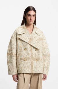 Double-breasted coat with check jacquard, Beige Patterned