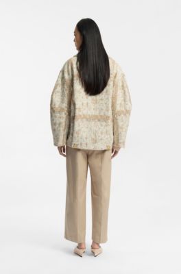 Zweireihiger Mantel aus kariertem Jacquard, Beige gemustert