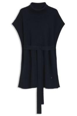 Knitted poncho in virgin wool with high neckline, Dark Blue