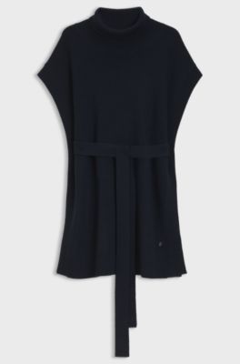 Knitted poncho in virgin wool with high neckline, Dark Blue