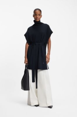 Knitted poncho in virgin wool with high neckline, Dark Blue