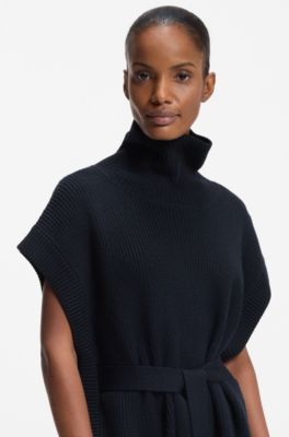 Knitted poncho in virgin wool with high neckline, Dark Blue