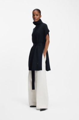 Knitted poncho in virgin wool with high neckline, Dark Blue