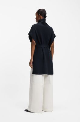 Knitted poncho in virgin wool with high neckline, Dark Blue