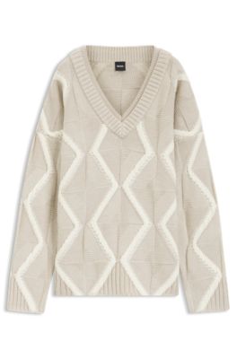 Relaxed-fit sweater in virgin wool with Aran knit, Beige Patterned