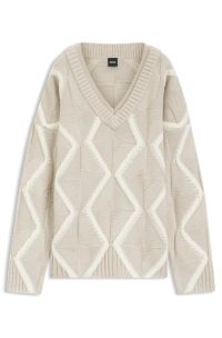 Relaxed-fit sweater in virgin wool with Aran knit, Beige Patterned