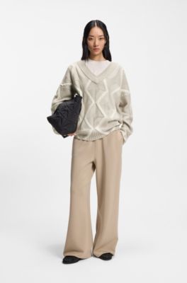 Relaxed-fit sweater in virgin wool with Aran knit, Beige Patterned