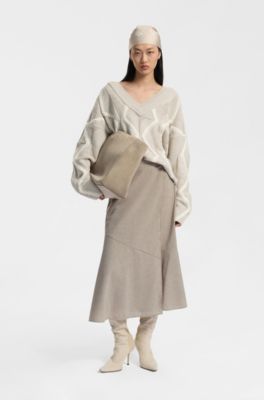 Jersey relaxed fit en lana virgen con punto Aran, Beige estampado