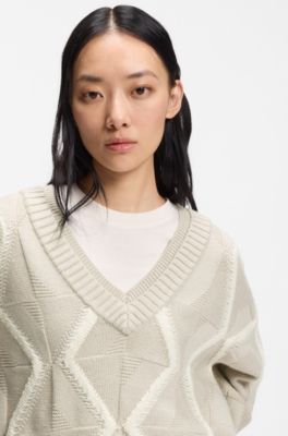 Pull Relaxed en laine vierge avec maille Aran, Beige &agrave; motif